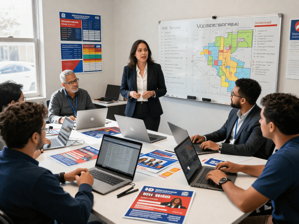 Engaged political team collaborating on predictive dialer political strategies in a vibrant office setting.