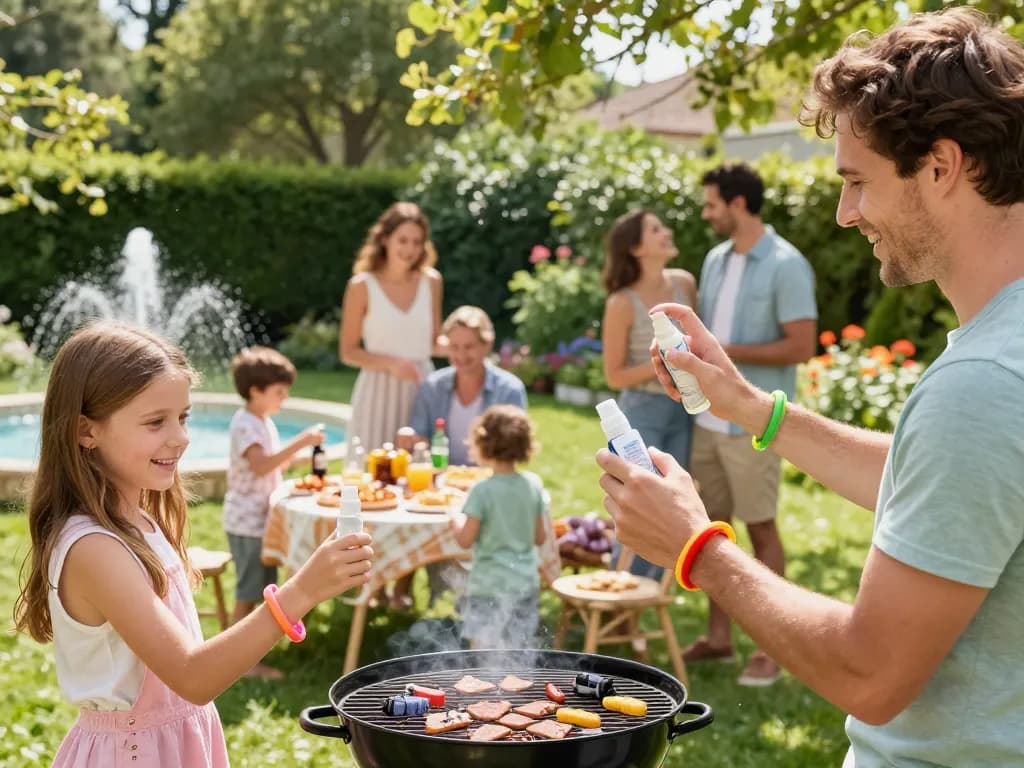 Family applying mosquito repellent during a summer barbecue in a vibrant garden setting, enjoying an insect-free gathering.