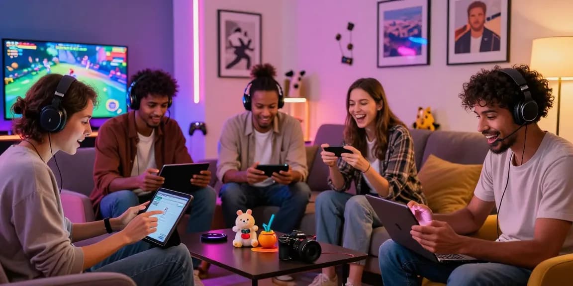 Engaging group playing xxx games on various devices in a vibrant lounge.