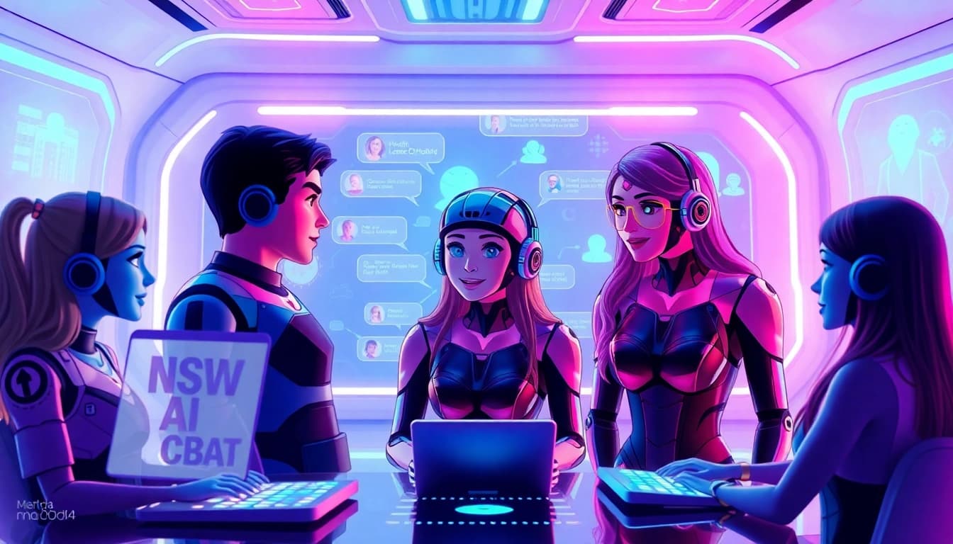 Explore dynamic interactions with the best nsfw ai chatbots in a futuristic digital environment, highlighting engaging AI character conversations.