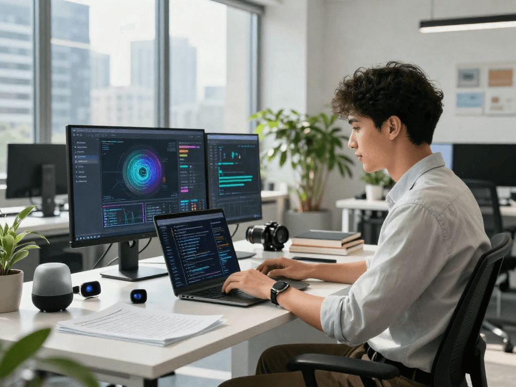 Young professional exploring 18+ ai innovations in a bright tech workspace.