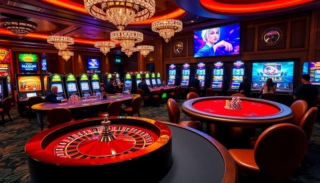 Imprégnez-vous de l'ambiance palpitante d'un site de casino en ligne présentant des tables de roulette et une activité de jeu vibrante.