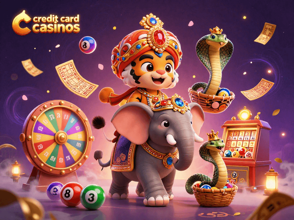 Engage with credit card casinos illustrated by a 3D maharaja tiger and jewel-encrusted elephant.