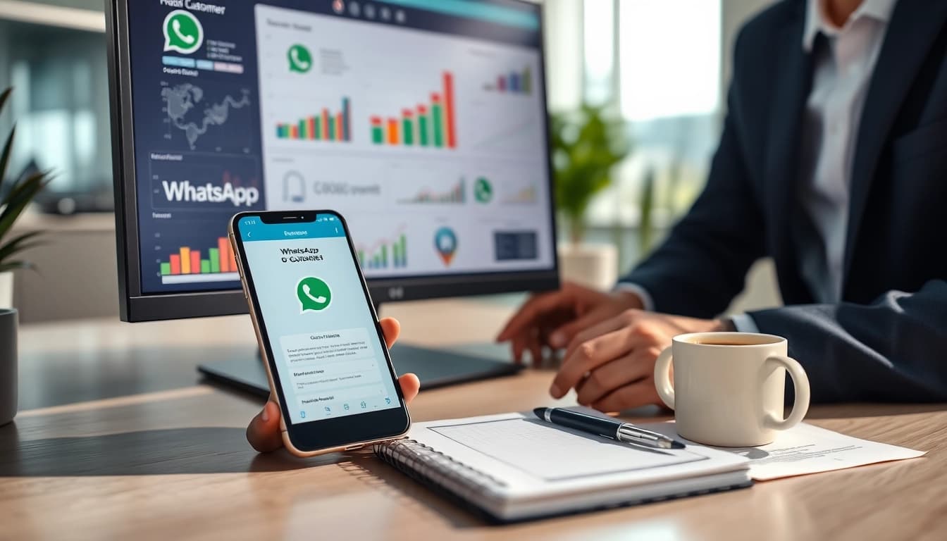 Analyze customer engagement with WhatsApp Business CRM on a computer screen in a modern office.