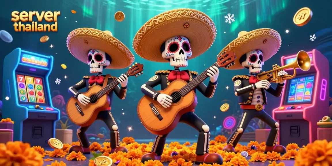 Engage in thrilling slot games with server thailand featuring vibrant mariachi band and arcade elements.