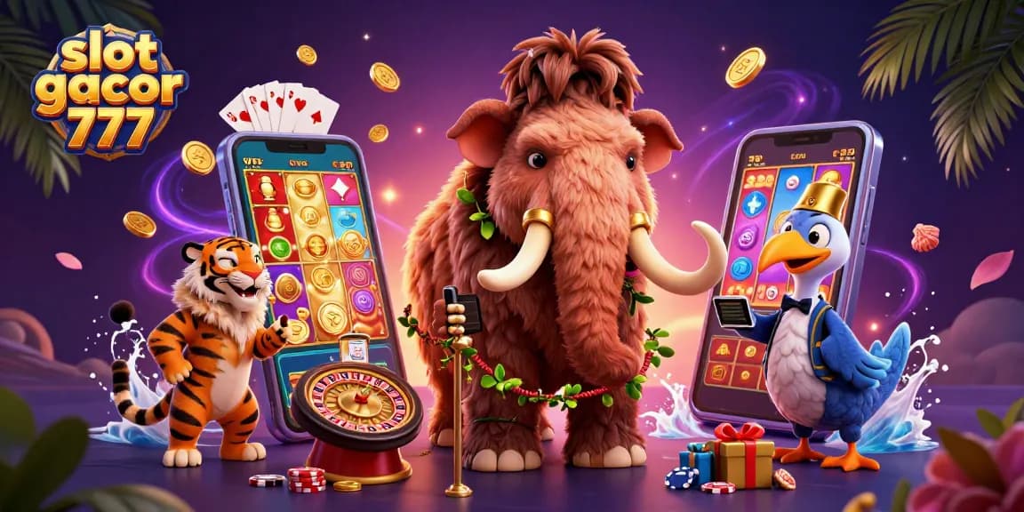 Memenangkan slot gacor 777 dengan kasino bergaya, dikelilingi uang emas dan elemen permainan.