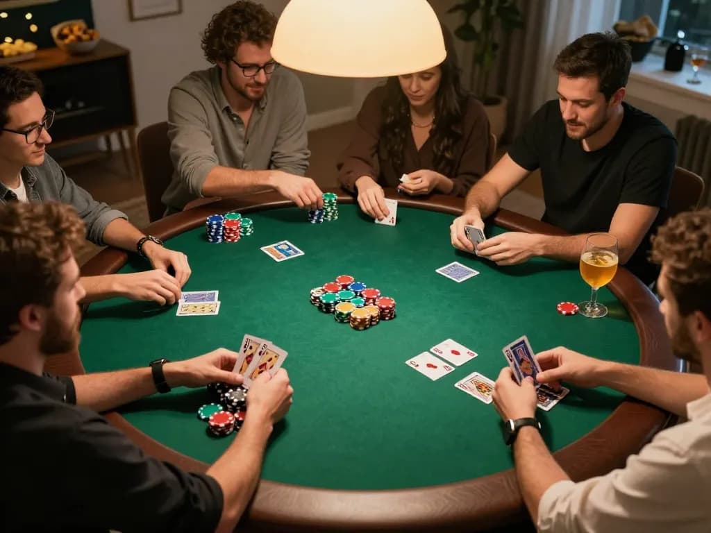 Players enjoying poker night with strategic gameplay and colorful chips at 58win.