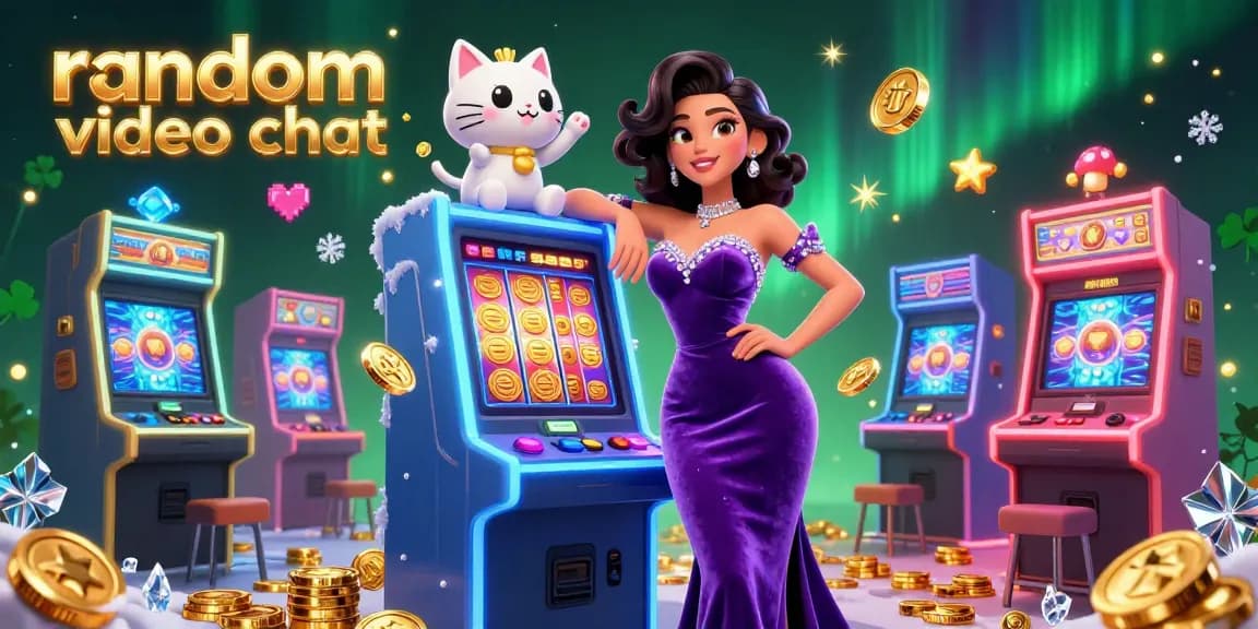 Engage in a random video chat surrounded by colorful gaming elements and a jackpot-winning atmosphere.