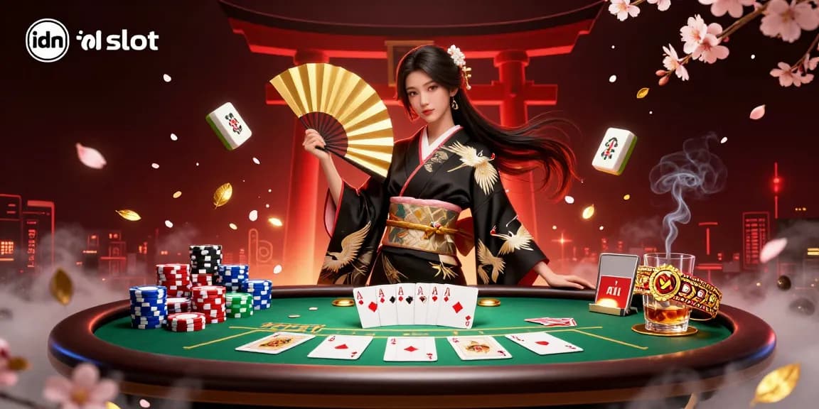 Experience thrilling idn slot play with a captivating Asian-themed casino scene featuring elegant characters and vibrant game elements.