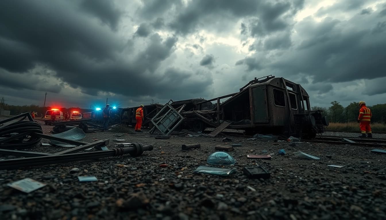 Scene depicting the spain train crash aftermath with twisted metal and emergency responders at work.