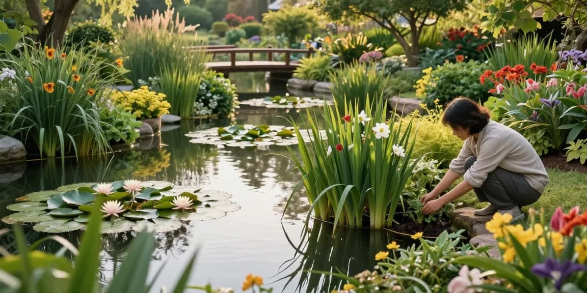 Pond Plants thriving in a serene garden pond with a gardener tending to water lilies.