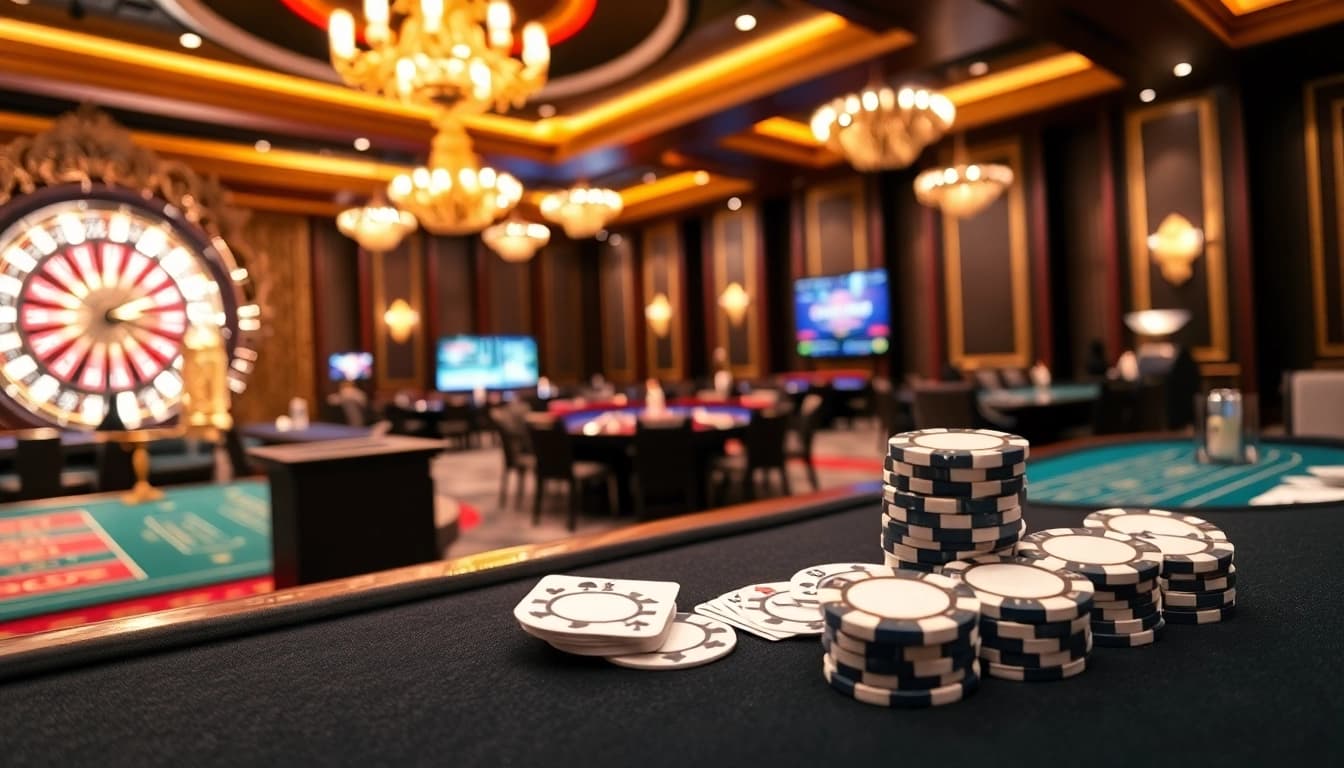 Scène captivante mettant en vedette une table de casino avec des jetons de poker, incarnant l'expérience du site de casino en ligne.