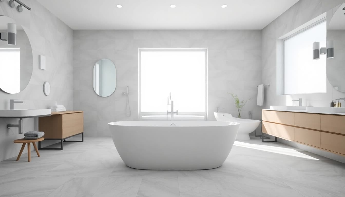 Transform your space with bathroom renovation near me featuring a sleek freestanding bathtub and bright lighting.