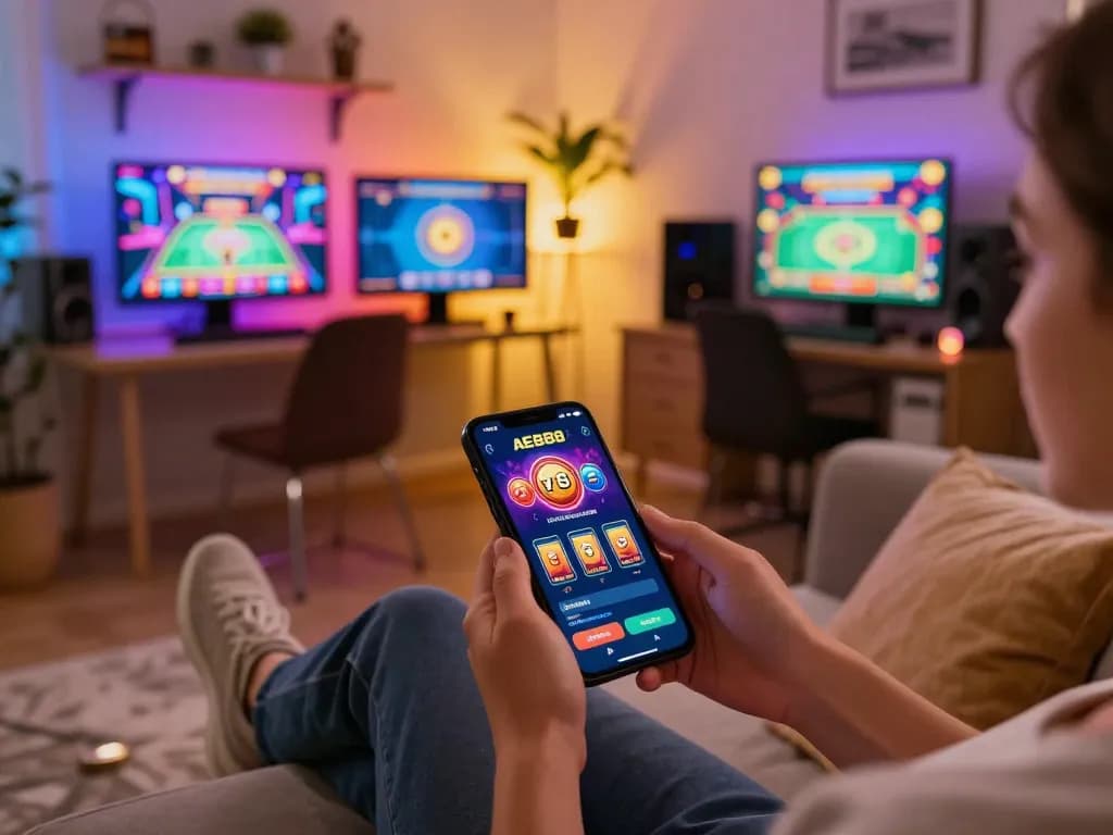 Player enjoying AE888 mobile casino app in cozy gaming setup.