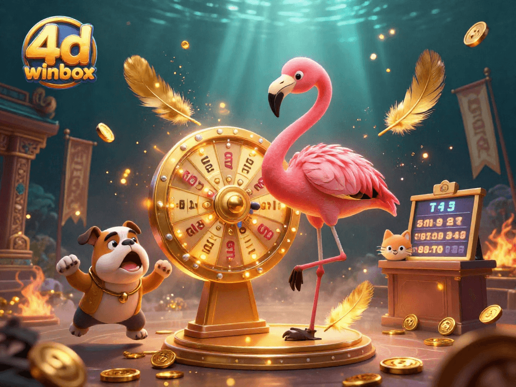 Engage with 4d winbox as a flamingo host spins the prize wheel in a vibrant lottery scene.