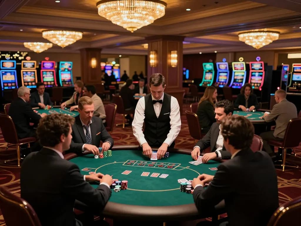 Casino italiani non aams ambiance featuring active poker tables and engaging players in a luxurious casino environment.