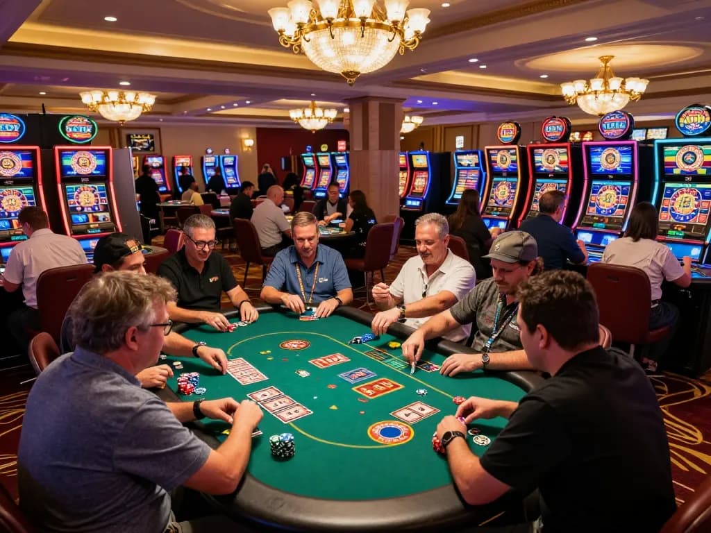 Engaged players enjoying sh bet strategy at a lively casino gaming table, colorful chips and cards in action.
