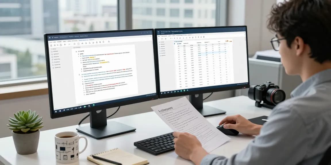 Data analyst using AI to detect fraud in PDF documents in a modern office setting.