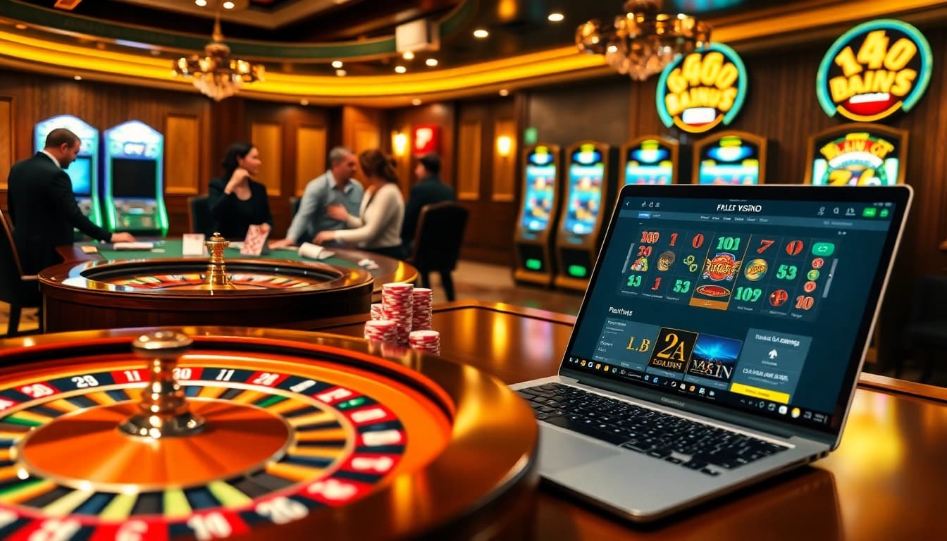Jeux captivants sur un site de casino en ligne de luxe avec des jetons de poker colorés et une roue de roulette.