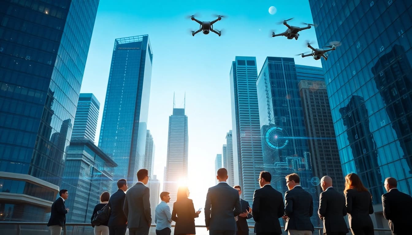 Visualize Technology in a futuristic city with professionals collaborating amid holographic data displays.