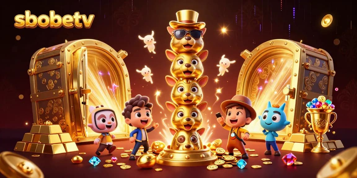 Experience the excitement of sbobetv with dynamic casino-themed elements, showcasing a vibrant totem pole and golden treasures.