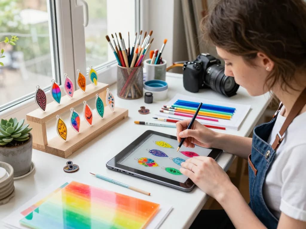 Colorful acrylic charms being designed in a creative studio space.