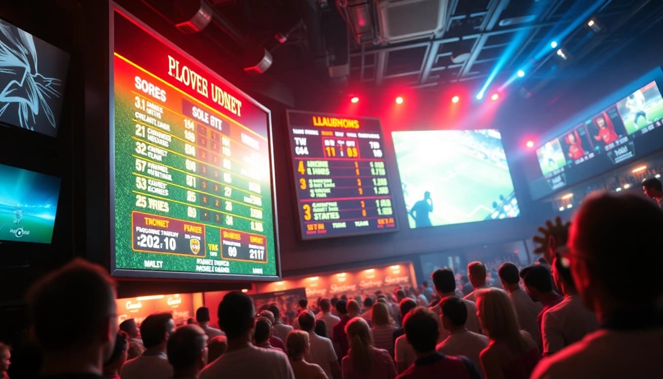 View of a soccer scoreboard showing บ้านบอลผลบอล and player stats in an energetic sports bar.