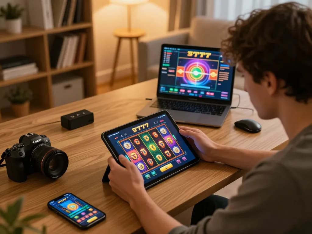 Playing slot777 on a tablet in cozy home setting, showcasing responsible gaming.