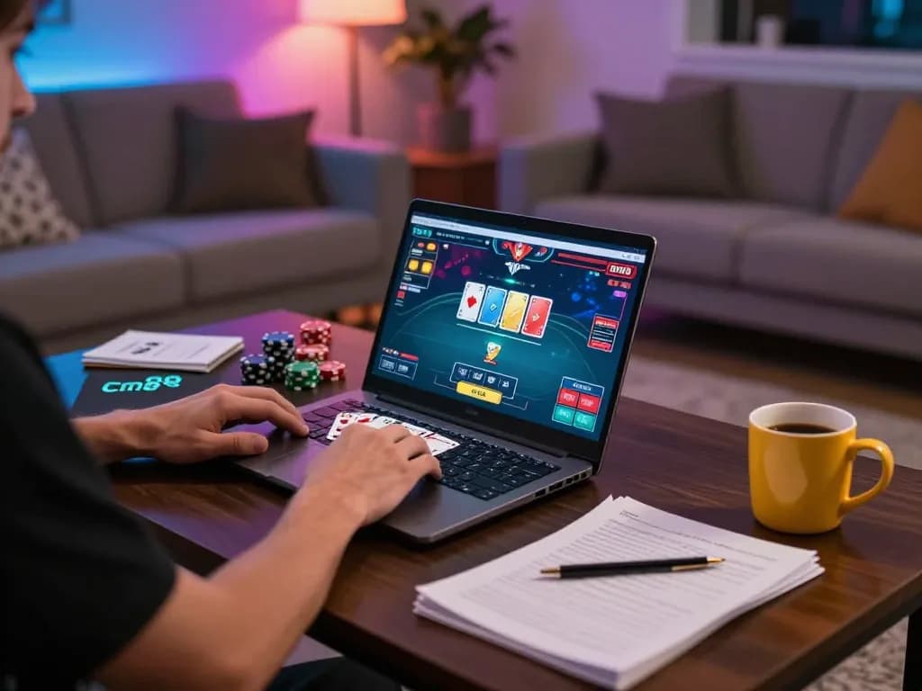 Player engaging in online poker on cm88 com with strategic notes and cozy setup