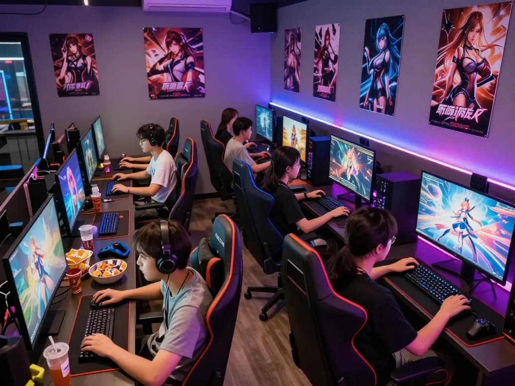 Engaged players enjoying various hentai games in a colorful gaming lounge.