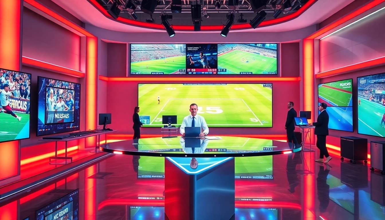 Engaging scene of Sports Broadcasting studio with professional anchor presenting live highlights.