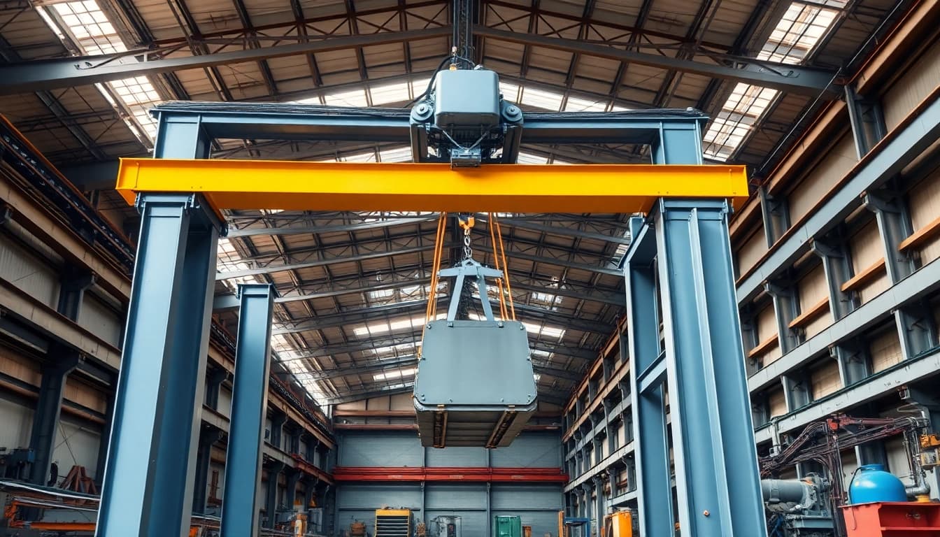 Double girder bridge crane lifting heavy loads in a professional industrial setting.