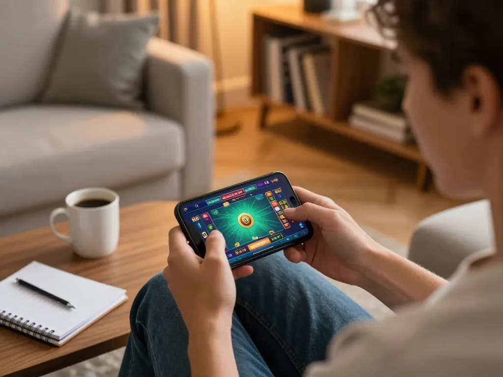 Player using smartphone for F168 mobile gambling strategy in cozy home atmosphere