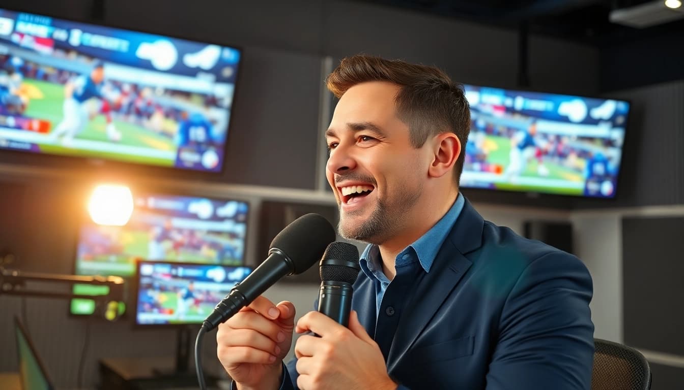 Engaging sports broadcasting scene highlighting a broadcaster in a modern studio.