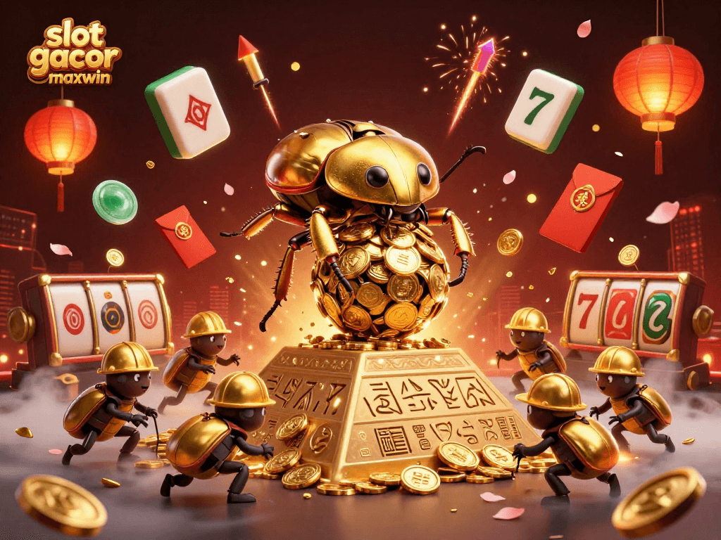 Roling bola emas slot gacor maxwin dengan simbol kasino dan lampion merah menyala.