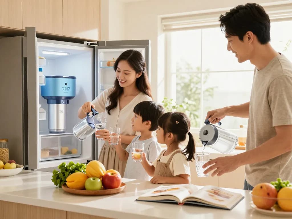 Family enjoying filtered water from the Waterdrop Plus DA29-00020B NSF 401 Certified Water Filter in a bright kitchen.