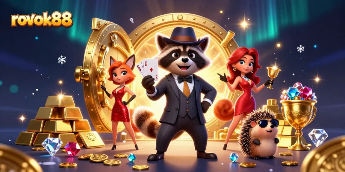 Experience high-stakes action with rokok88 as the suave raccoon, stylish fox, and hedgehog bouncer celebrate casino wins amidst treasures.