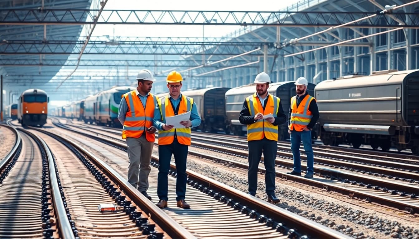 Railroad Engineering professionals collaborating on projects in a vibrant train yard.
