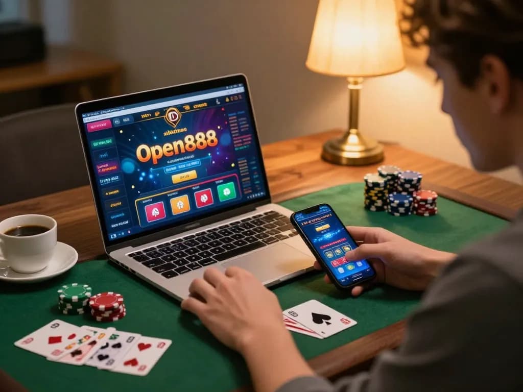 Engage in thrilling online gaming with open888 on a laptop and smartphone in a cozy setting.
