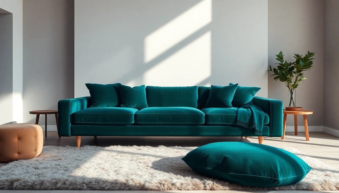 Creëer een gezellige sfeer met fluweel stoffen meubels in een moderne woonkamer.