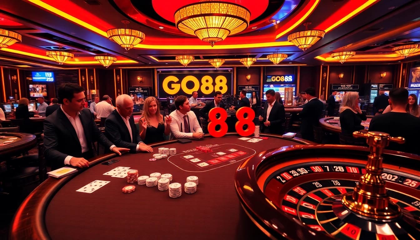 Exciting gaming action at GO88 casino with players engaging at blackjack and roulette.
