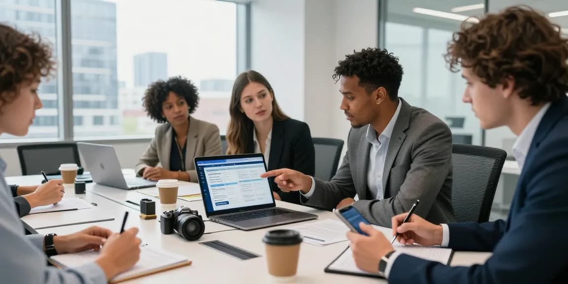 Analyzing corporate mobile plans UK in a modern office setting with a collaborative team.