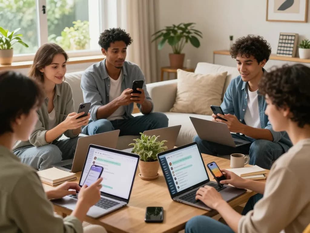 Engaged individuals exploring ia +18 AI chatbots in a cozy home setting, reflecting curiosity and community.