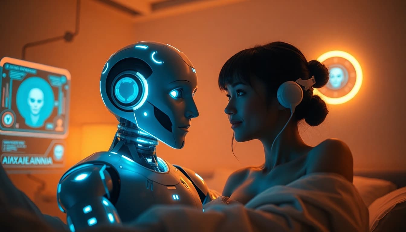 Engaging ai sex interaction with AI companion in a futuristic setting.