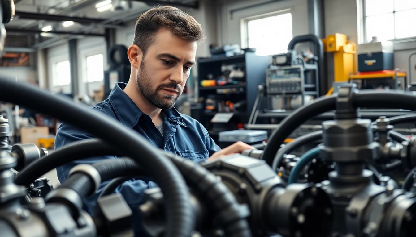 Technician performing hydraulic system maintenance with tools in an industrial setting.