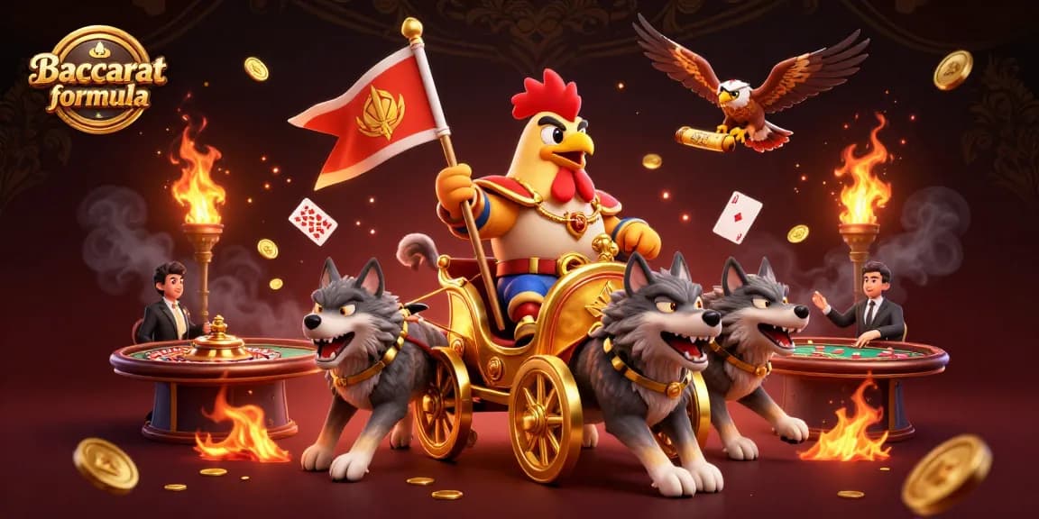 Baccarat formula art showcasing a rooster warlord in a golden chariot amidst casino elements, illustrating gambling excitement.