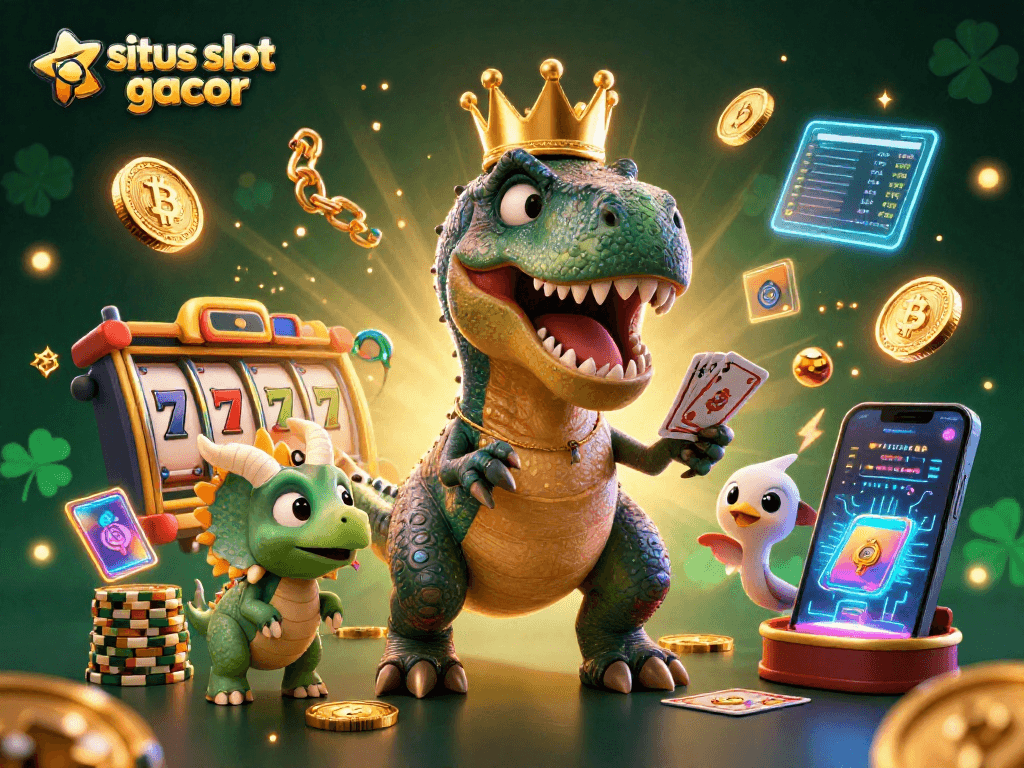 Experience the excitement of situs slot gacor with T-Rex shuffling cards and vibrant casino elements!