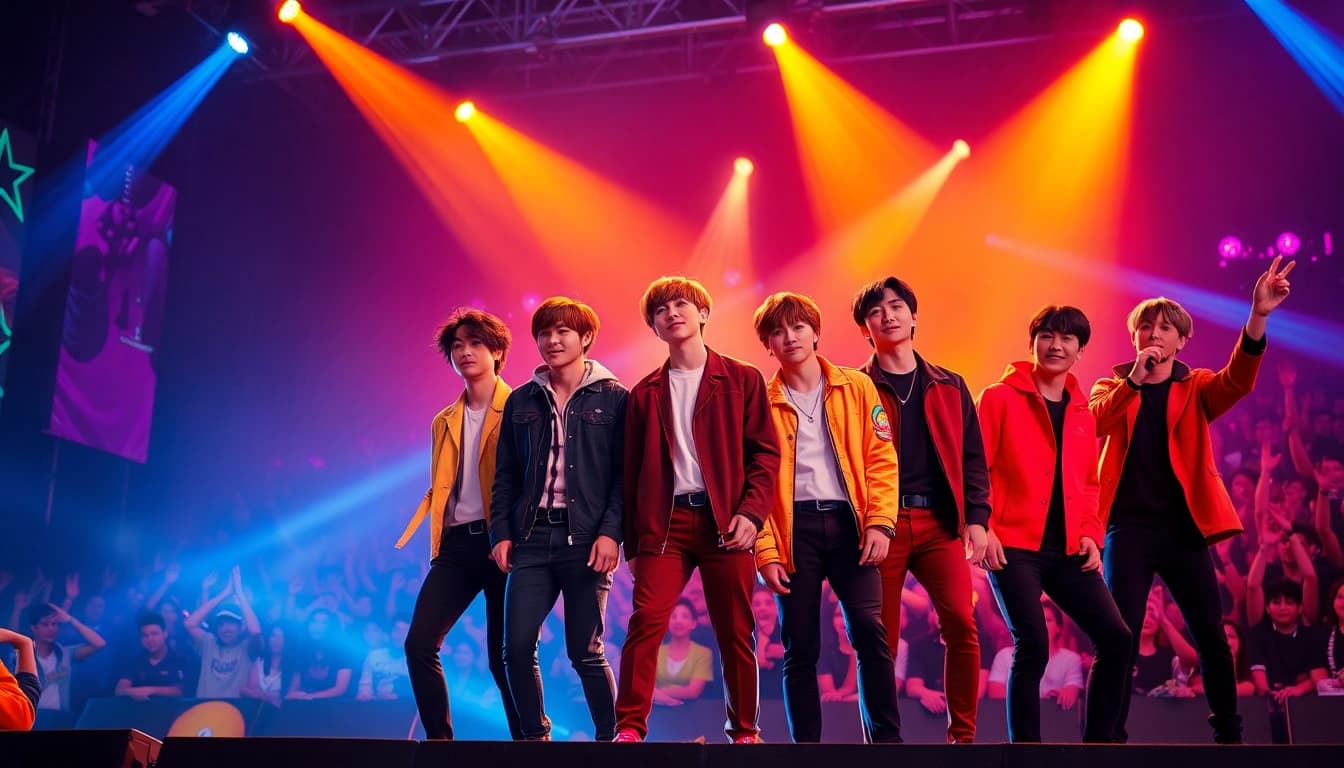 BTS news highlights energetic concert moments with dynamic performances and vibrant lighting.