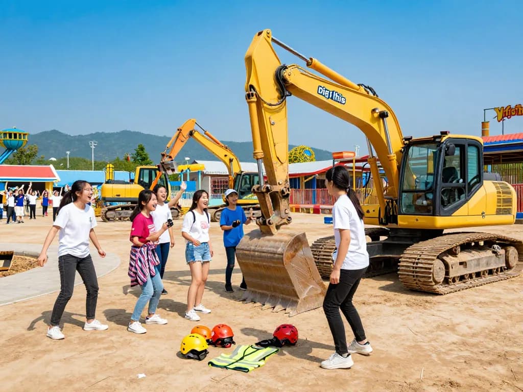 Friends experiencing the thrill of dig this adventure, operating heavy machinery at an amusement park.