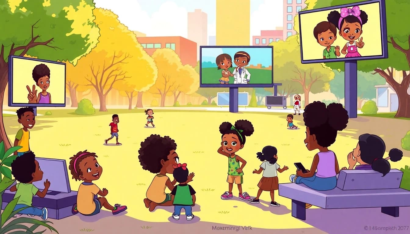 A lively illustration showcasing African American cartoons in a vibrant urban park, featuring beloved characters like Huey and Riley from The Boondocks.